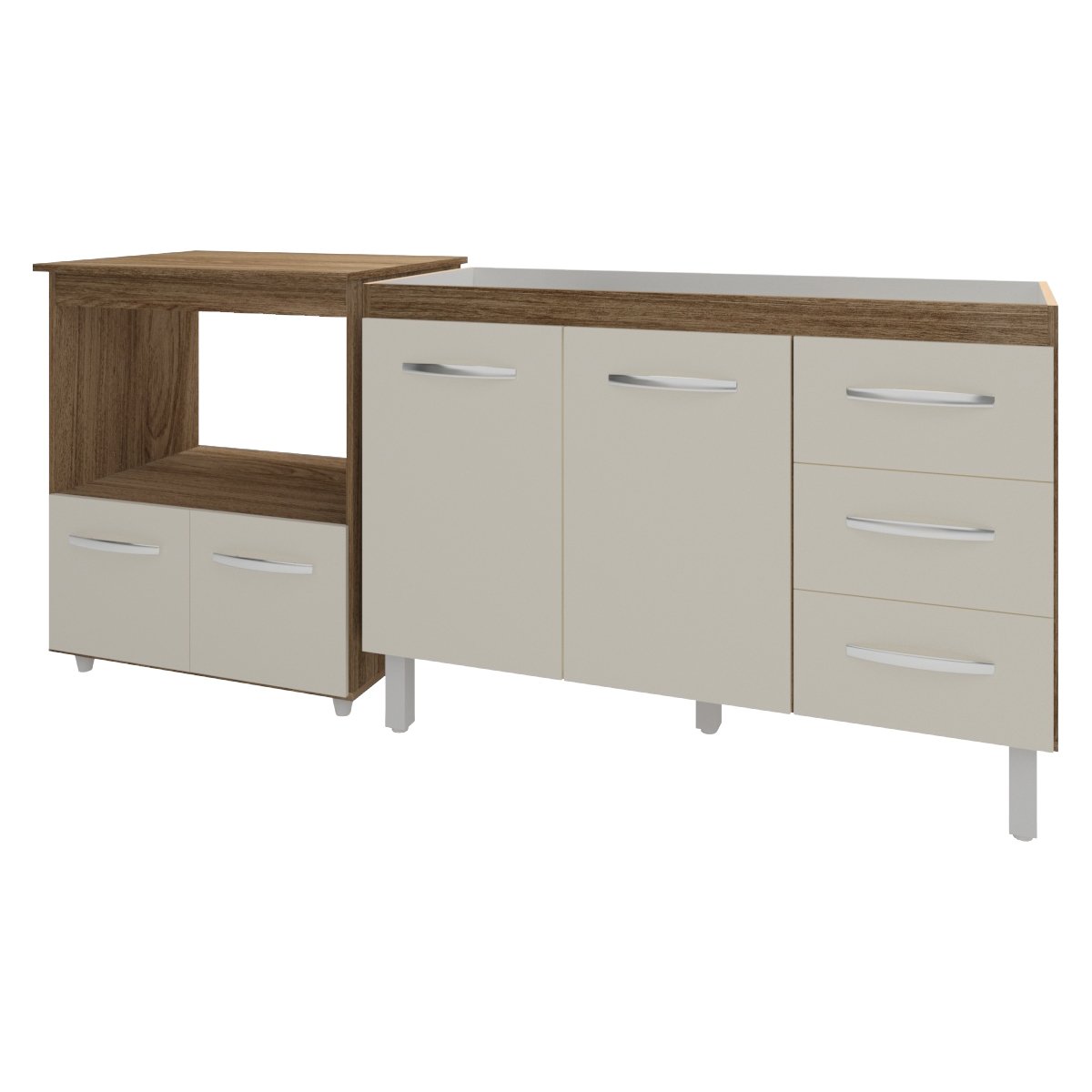 Balcão Armário Cozinha Gabinete de Pia 120 cm Bruna e Balcão para Microondas e Forno Elétrico Amanda Savana Off White 
