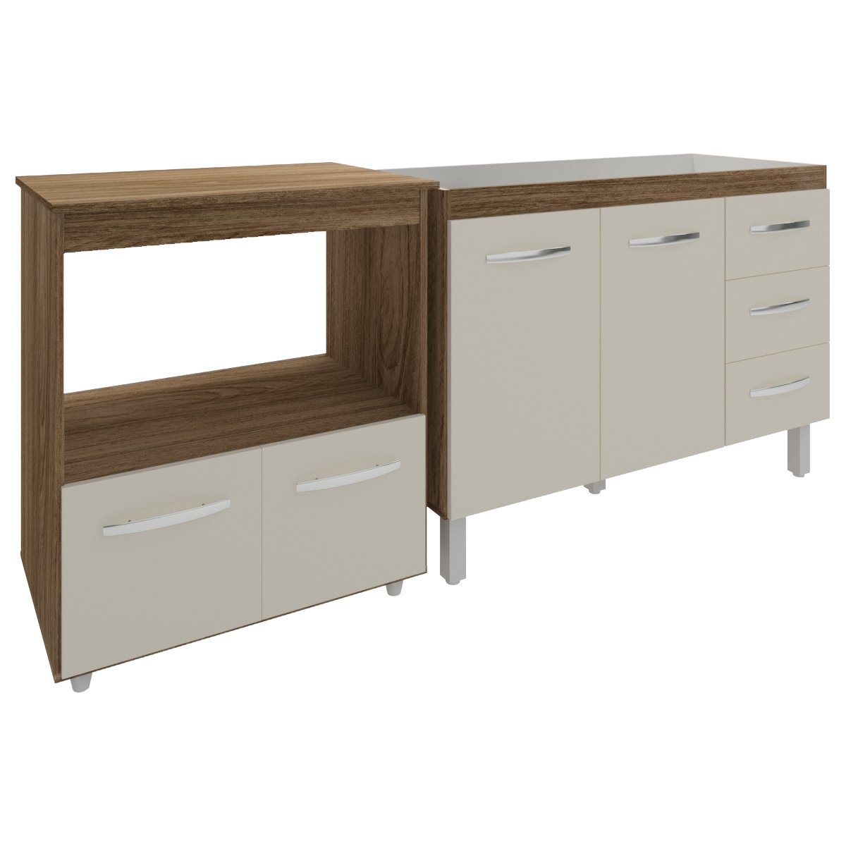 Balcão Armário Cozinha Gabinete de Pia 120 cm Bruna e Balcão para Microondas e Forno Elétrico Amanda Savana Off White 