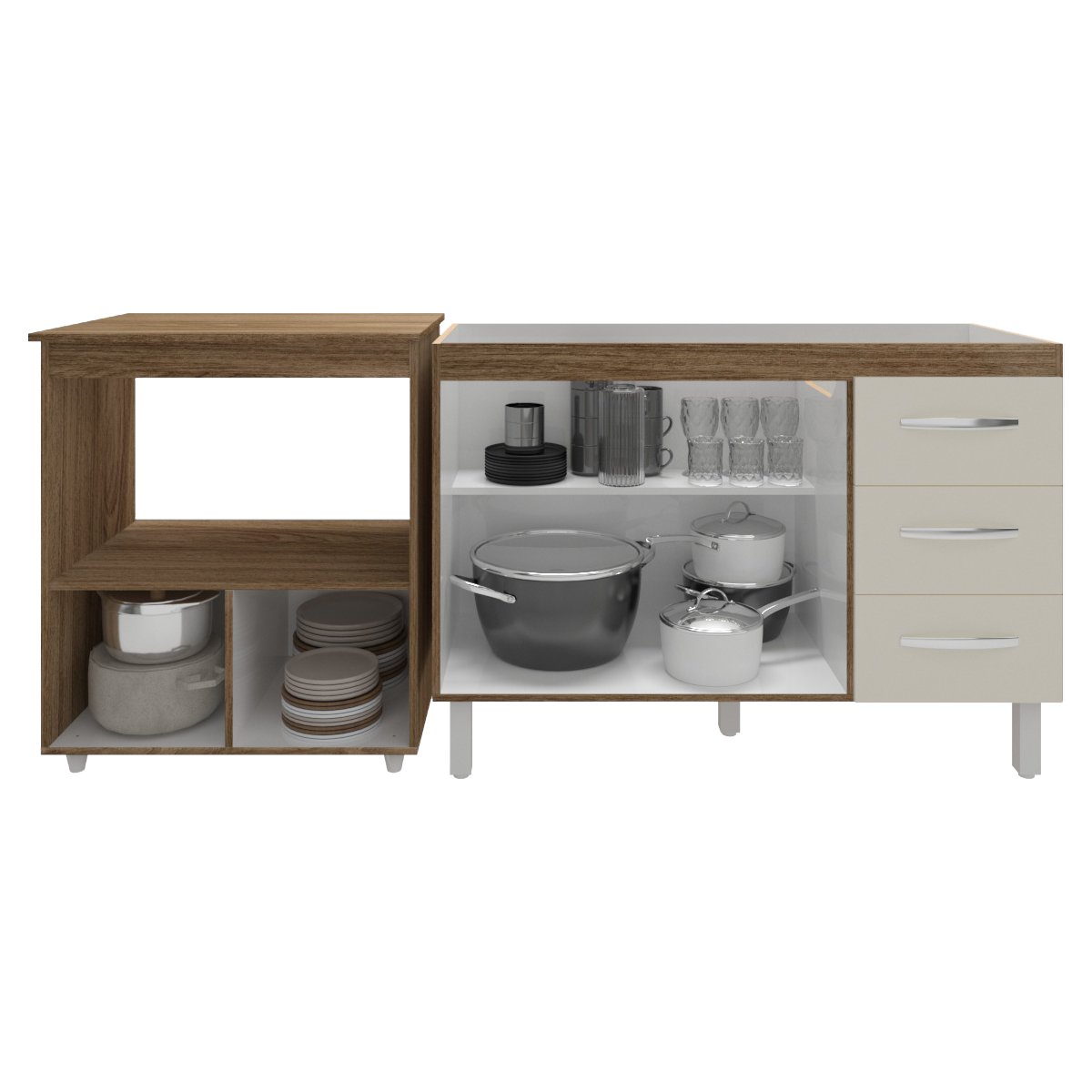 Balcão Armário Cozinha Gabinete de Pia 120 cm Bruna e Balcão para Microondas e Forno Elétrico Amanda Savana Off White 