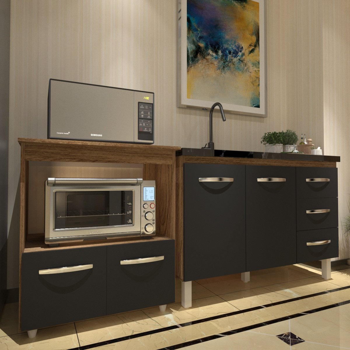 Balcão Armário Cozinha Gabinete de Pia 120 cm Bruna e Balcão para Microondas e Forno Elétrico Amanda Savana Preto 