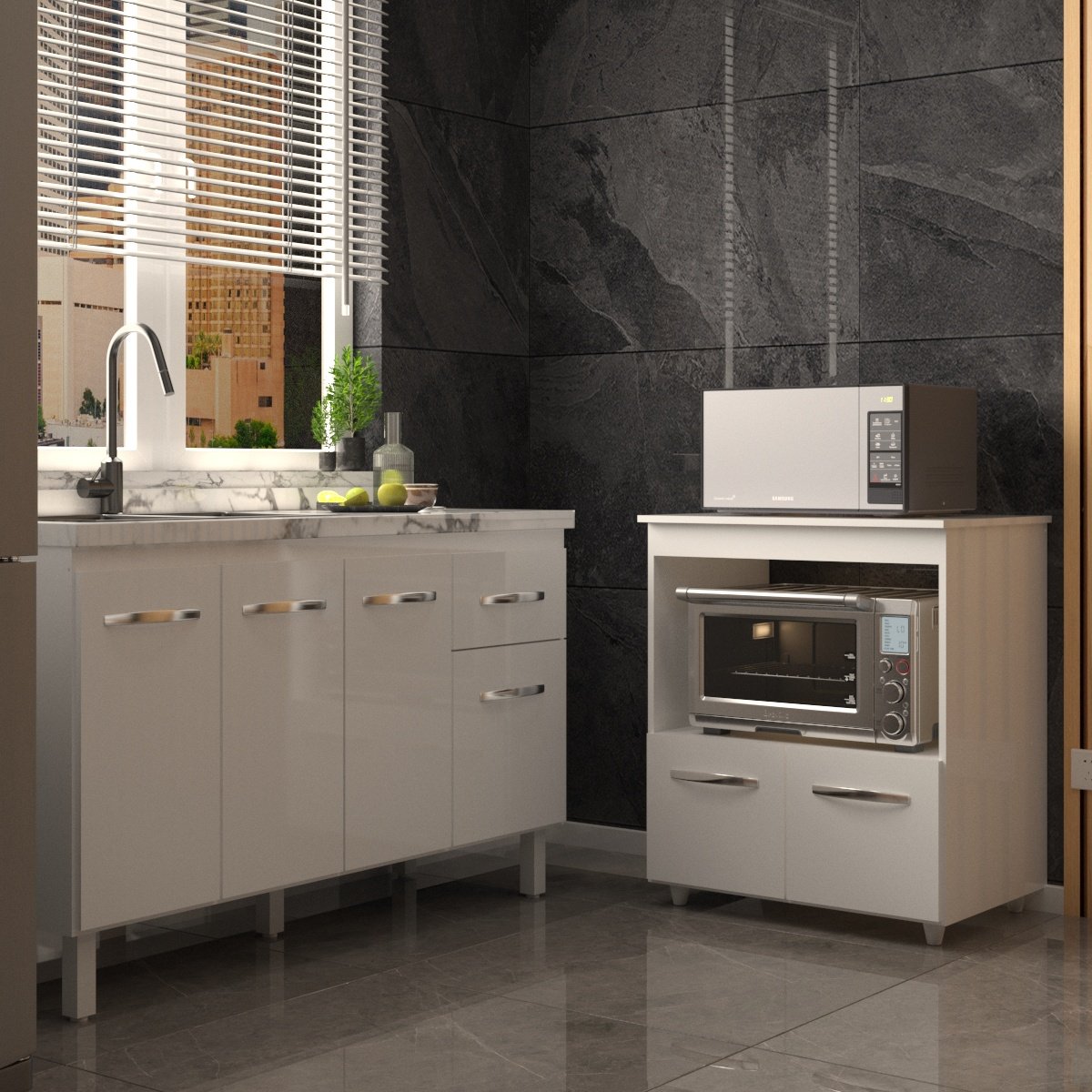 Balcão Armário Cozinha Gabinete de Pia 140 cm Camila e Balcão Amanda Para Microondas e Forno Elétrico Branco 