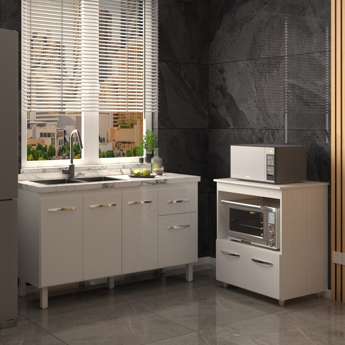 Balcão Armário Cozinha Gabinete de Pia 140 cm Camila e Balcão Amanda Para Microondas e Forno Elétrico Branco 