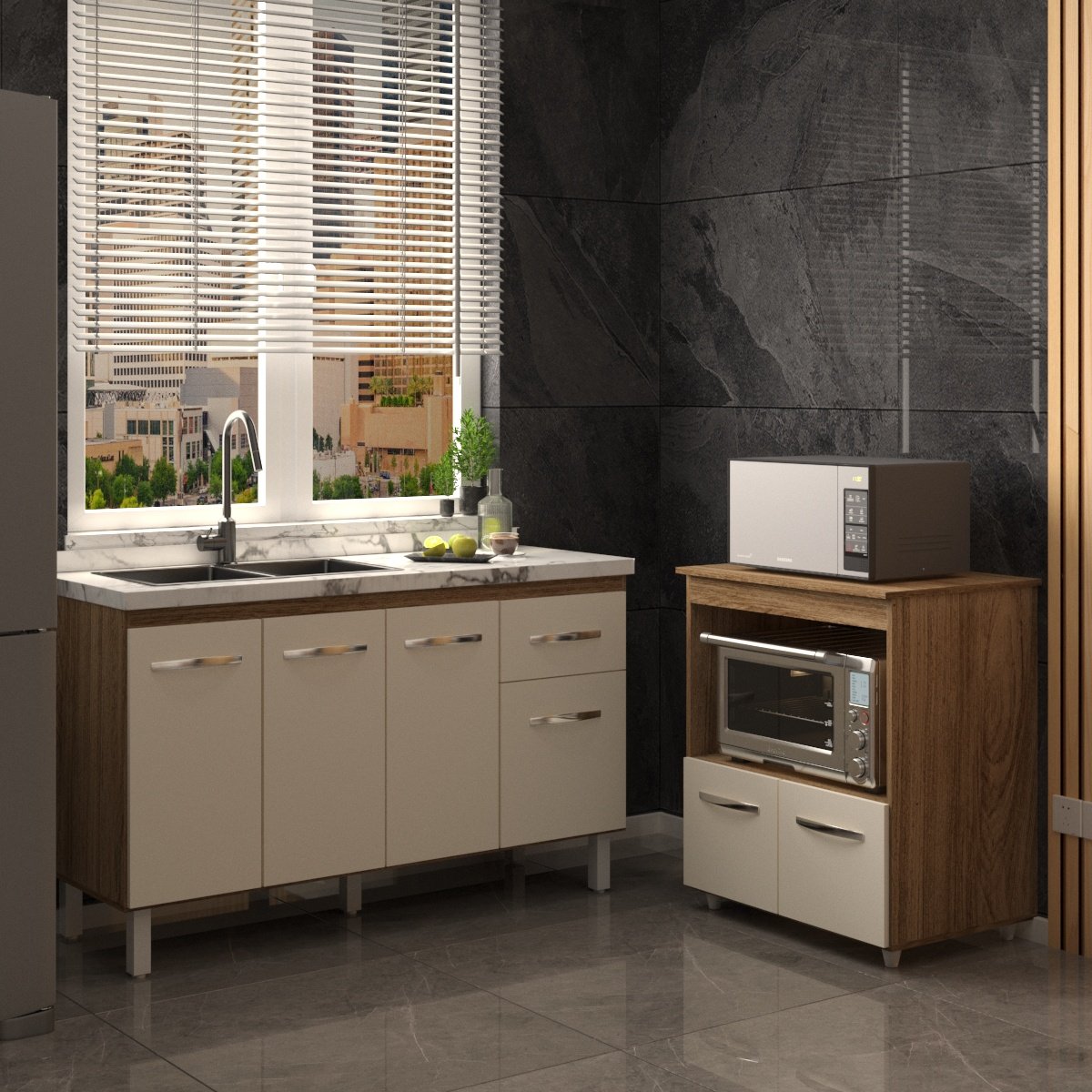 Balcão Armário Cozinha Gabinete de Pia 140 cm Camila e Balcão Amanda Para Microondas e Forno Elétrico Savana Off White 