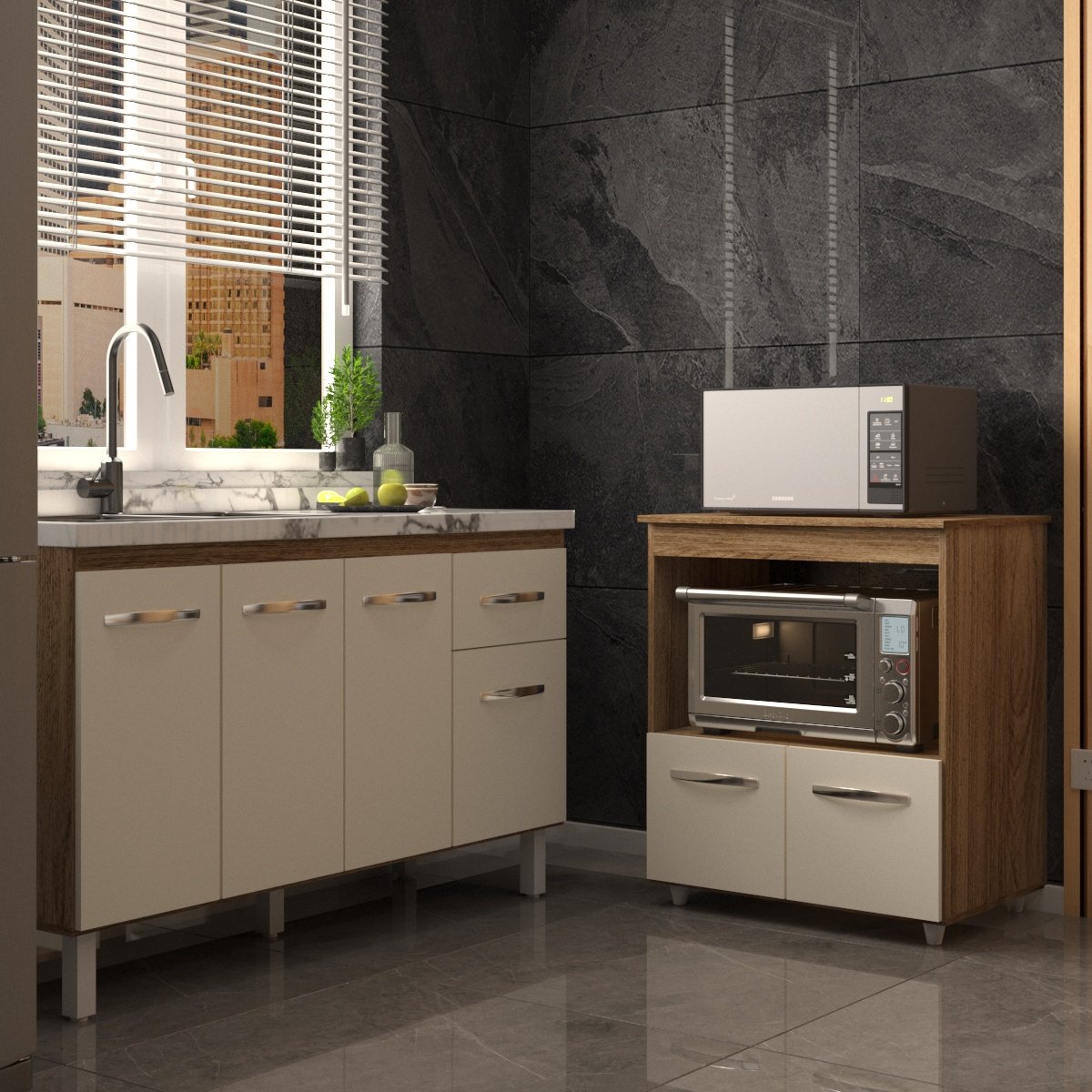 Balcão Armário Cozinha Gabinete de Pia 140 cm Camila e Balcão Amanda Para Microondas e Forno Elétrico Savana Off White 