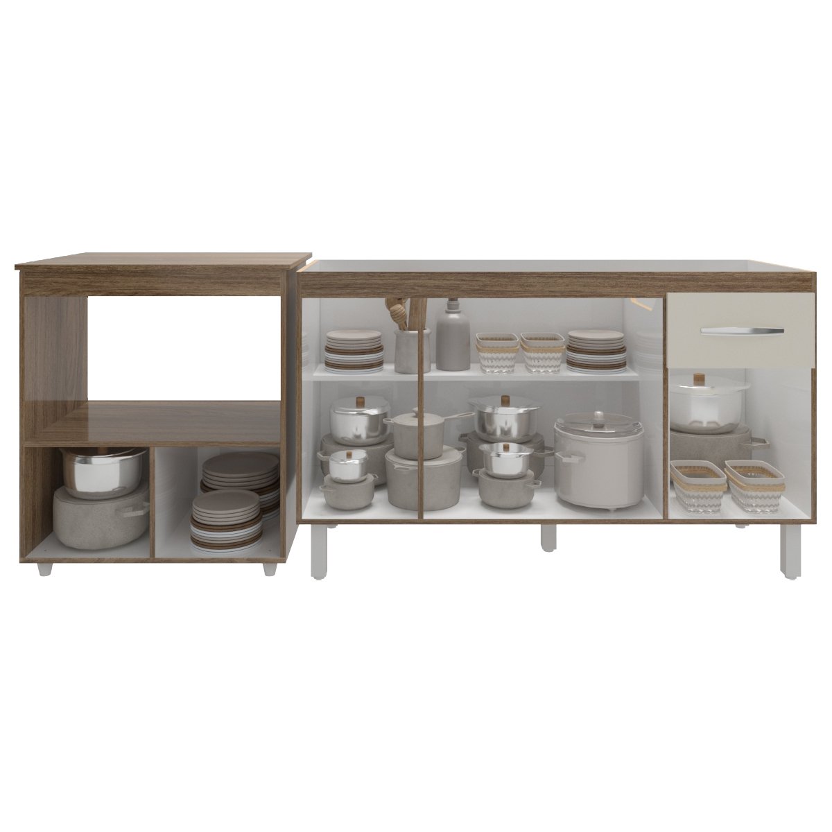 Balcão Armário Cozinha Gabinete de Pia 140 cm Camila e Balcão Amanda Para Microondas e Forno Elétrico Savana Off White 