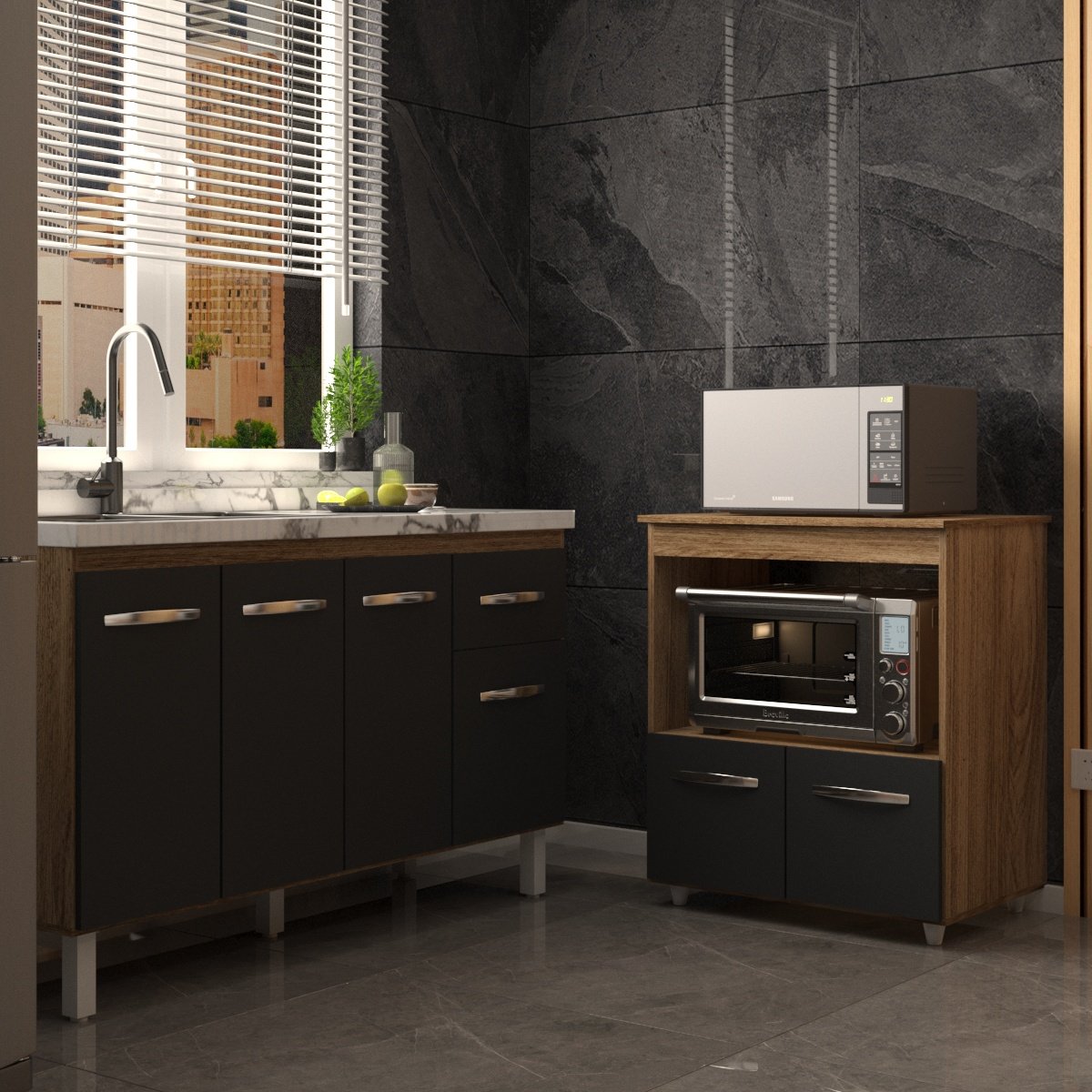 Balcão Armário Cozinha Gabinete de Pia 140 cm Camila e Balcão Amanda Para Microondas e Forno Elétrico Savana Preto 