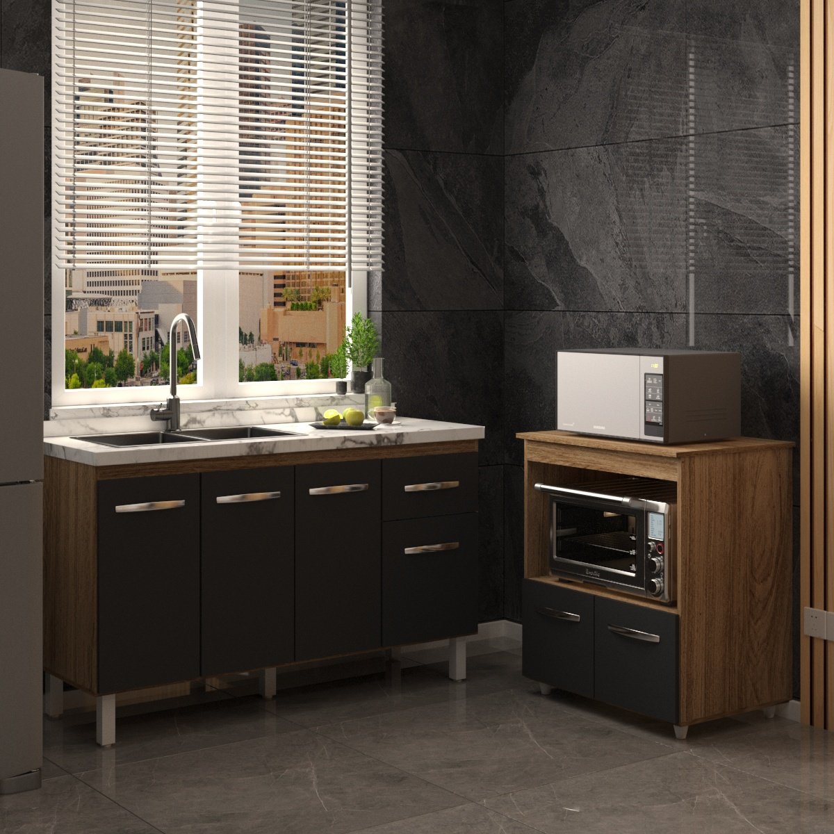 Balcão Armário Cozinha Gabinete de Pia 140 cm Camila e Balcão Amanda Para Microondas e Forno Elétrico Savana Preto 