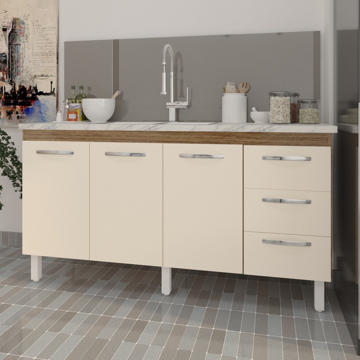 Balcão Armário Cozinha Gabinete para Pia 148 cm 3 Gavetas e 3 Portas Deise Savana Off White 
