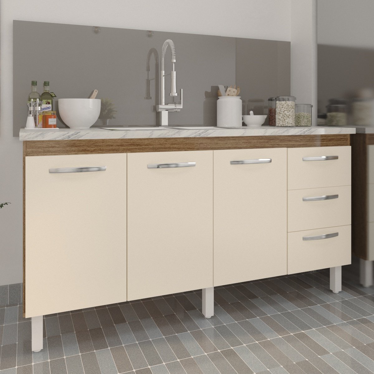 Balcão Armário Cozinha Gabinete para Pia 148 cm 3 Gavetas e 3 Portas Deise Savana Off White 