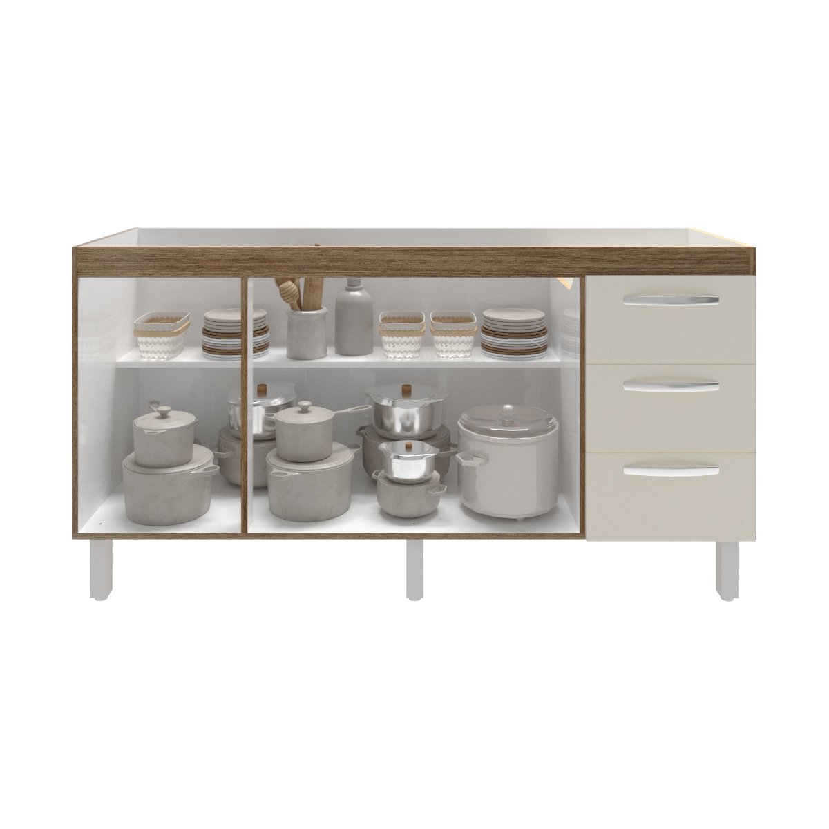 Balcão Armário Cozinha Gabinete para Pia 148 cm 3 Gavetas e 3 Portas Deise Savana Off White 