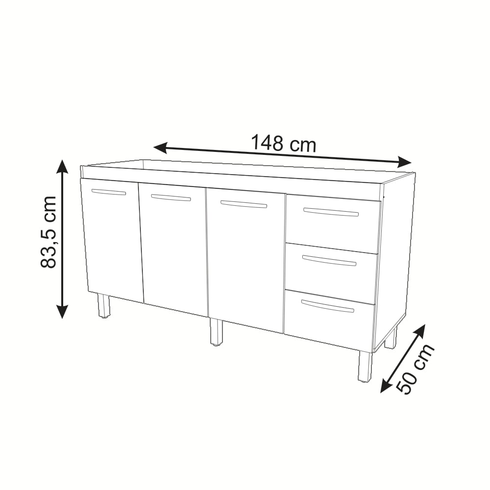 Balcão Armário Cozinha Gabinete para Pia 148 cm 3 Gavetas e 3 Portas Deise Savana Off White 