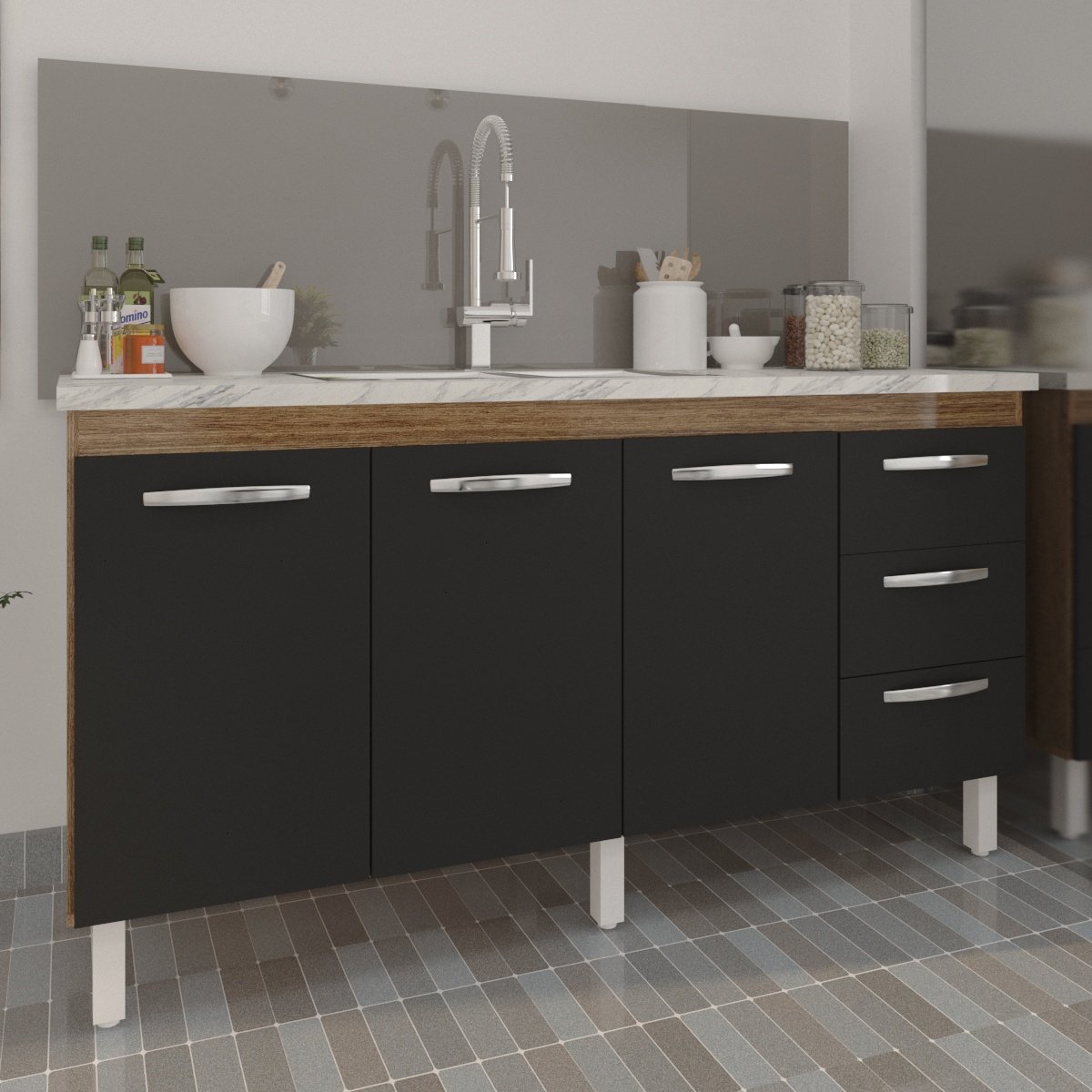 Balcão Armário Cozinha Gabinete para Pia 148 cm 3 Gavetas e 3 Portas Deise Savana Preto 