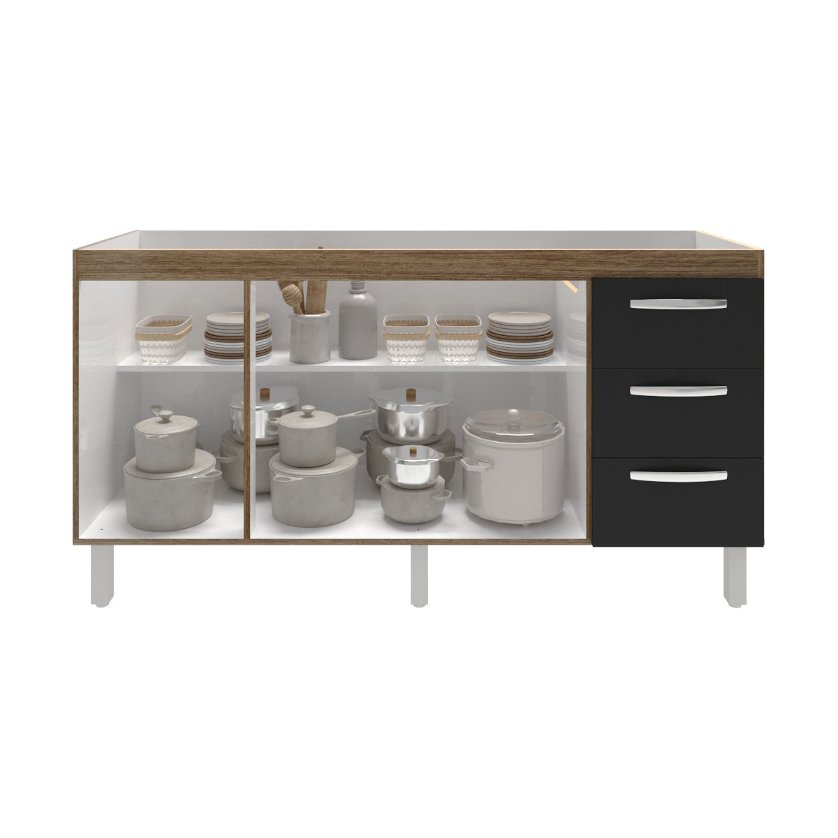 Balcão Armário Cozinha Gabinete para Pia 148 cm 3 Gavetas e 3 Portas Deise Savana Preto 