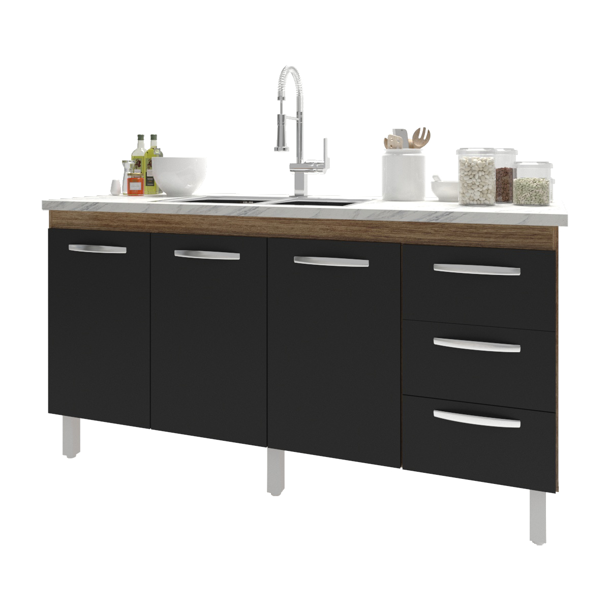 Balcão Armário Cozinha Gabinete para Pia 148 cm 3 Gavetas e 3 Portas Deise Savana Preto 