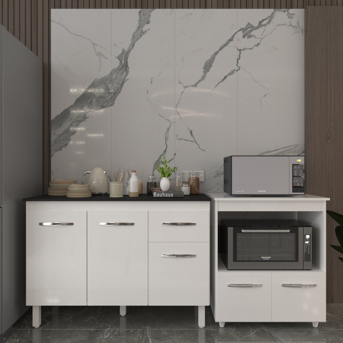 Balcão Armário Gabinete Aline 118 cm Branco com Tampo Preto e Balcão Amanda para Forno e Microondas Branco 