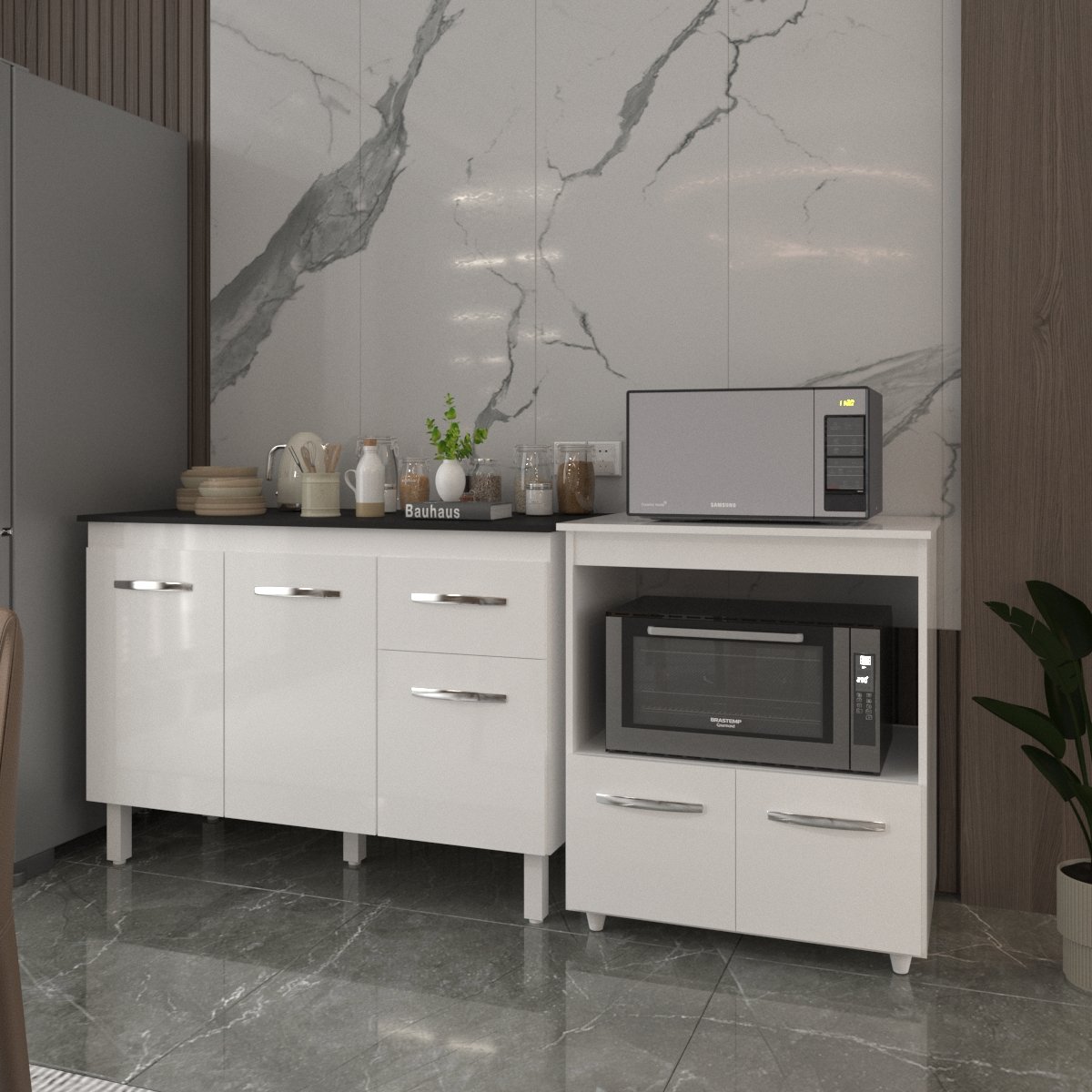 Balcão Armário Gabinete Aline 118 cm Branco com Tampo Preto e Balcão Amanda para Forno e Microondas Branco 