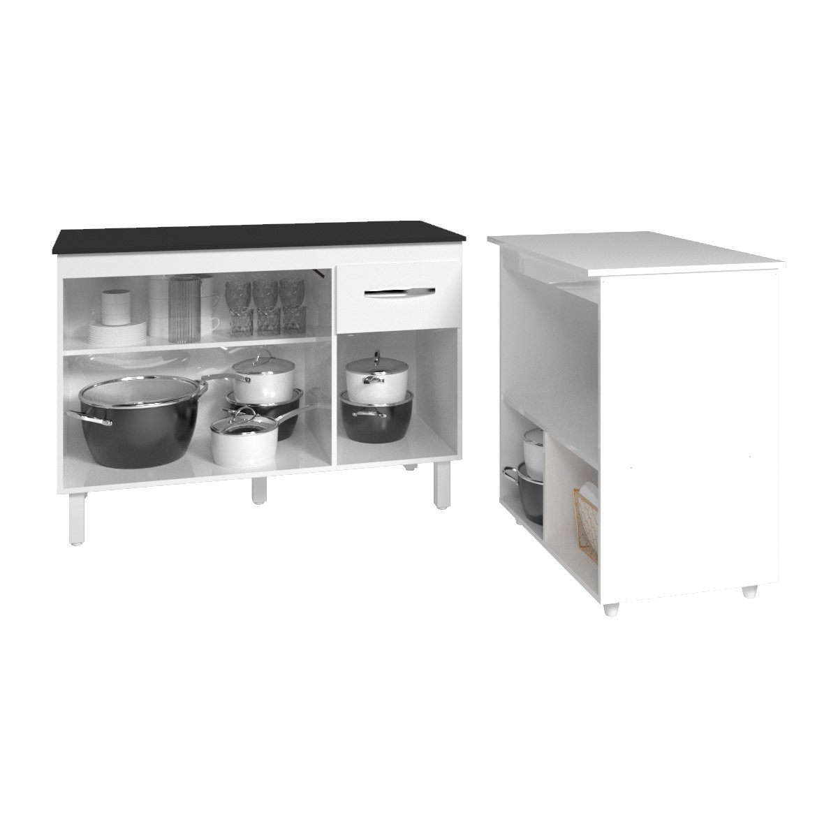 Balcão Armário Gabinete Aline 118 cm Branco com Tampo Preto e Balcão Amanda para Forno e Microondas Branco 