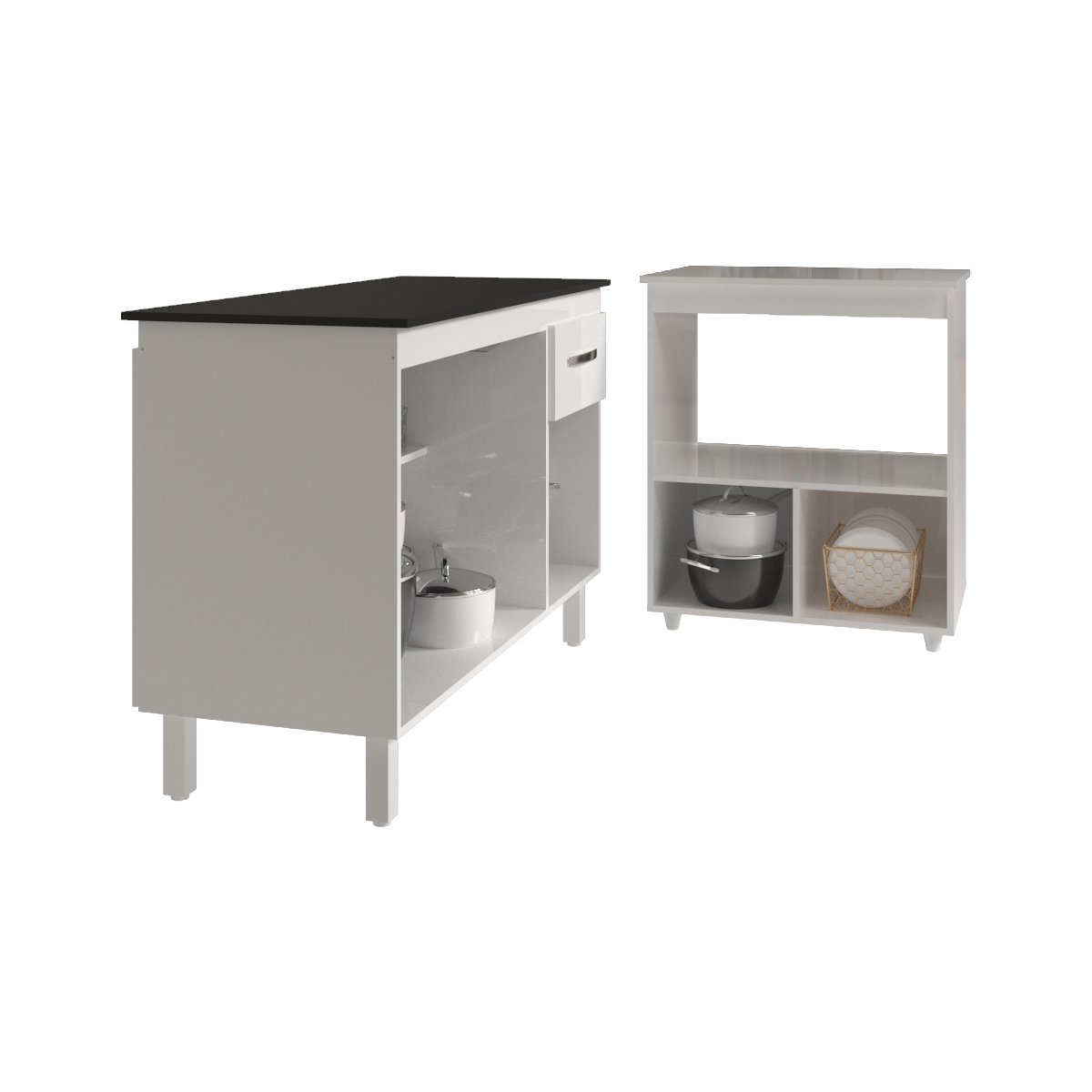 Balcão Armário Gabinete Aline 118 cm Branco com Tampo Preto e Balcão Amanda para Forno e Microondas Branco 