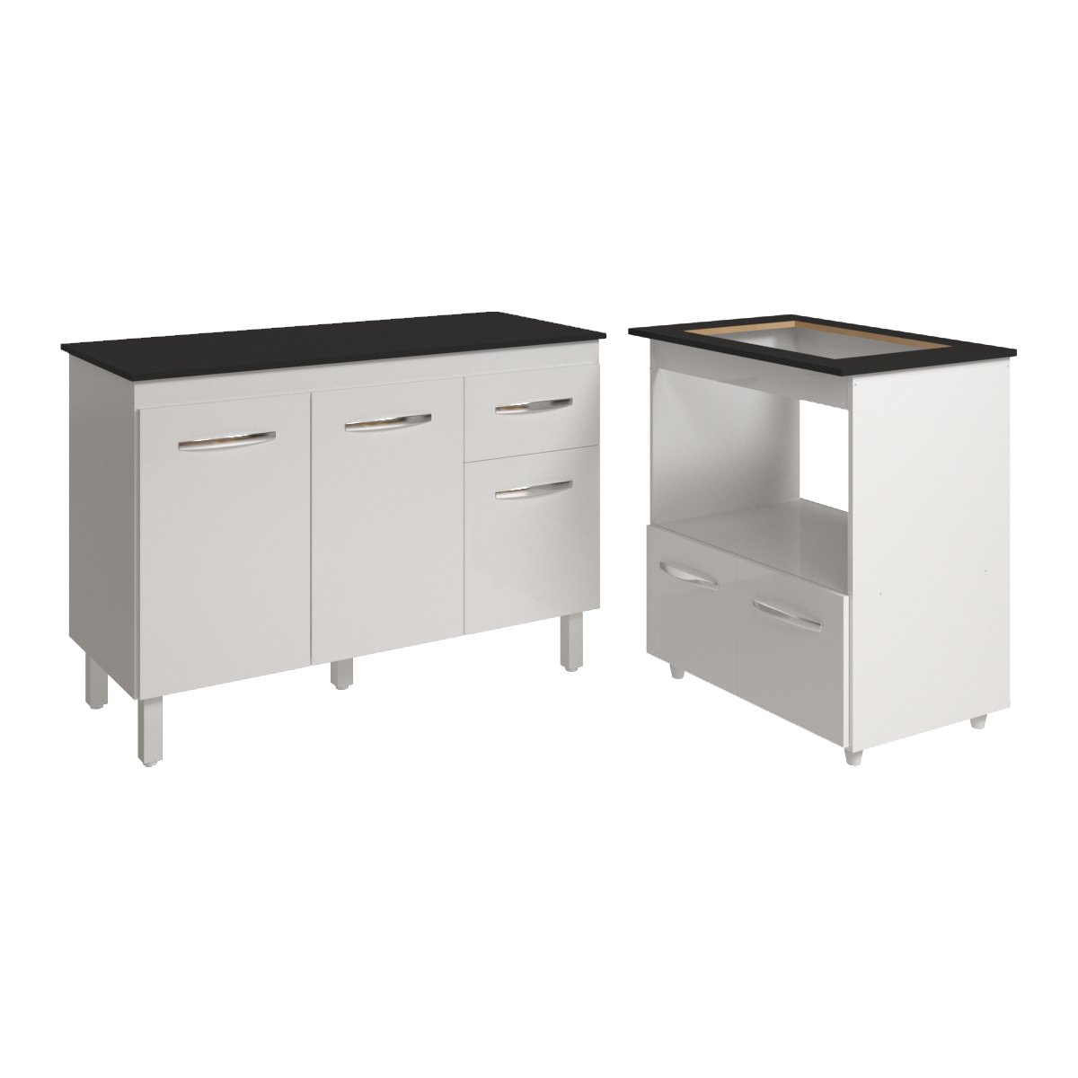Balcão Armário Gabinete Aline 118 cm Branco com Tampo Preto e Balcão Evelyn para Cooktop 4 Bocas Branco 