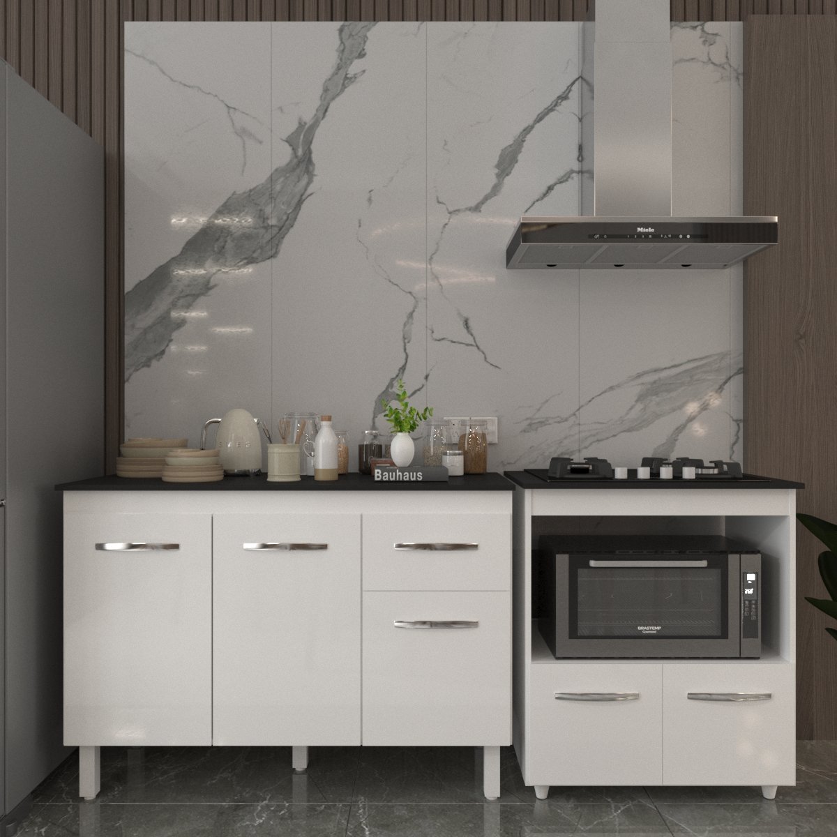 Balcão Armário Gabinete Aline 118 cm Branco com Tampo Preto e Balcão Evelyn para Cooktop 4 Bocas Branco 