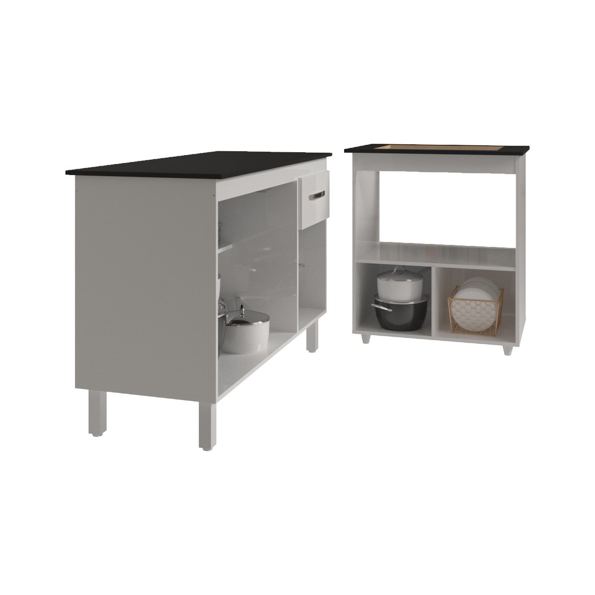 Balcão Armário Gabinete Aline 118 cm Branco com Tampo Preto e Balcão Evelyn para Cooktop 4 Bocas Branco 