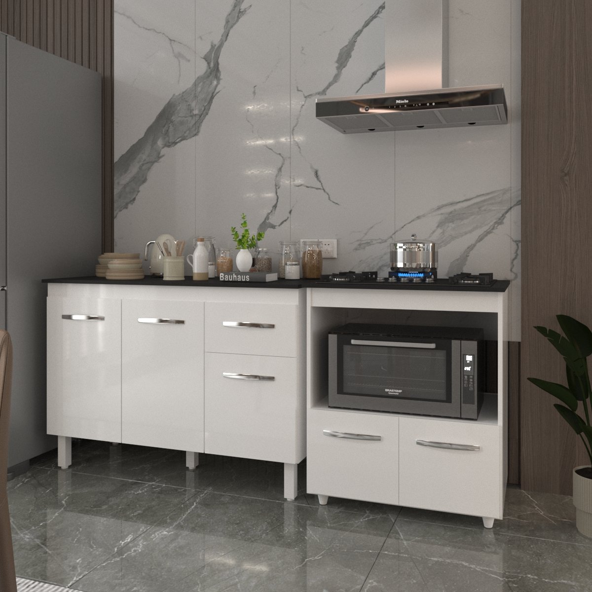 Balcão Armário Gabinete Aline 118 cm Branco com Tampo Preto e Balcão Evelyn para Cooktop 5 Bocas Branco 