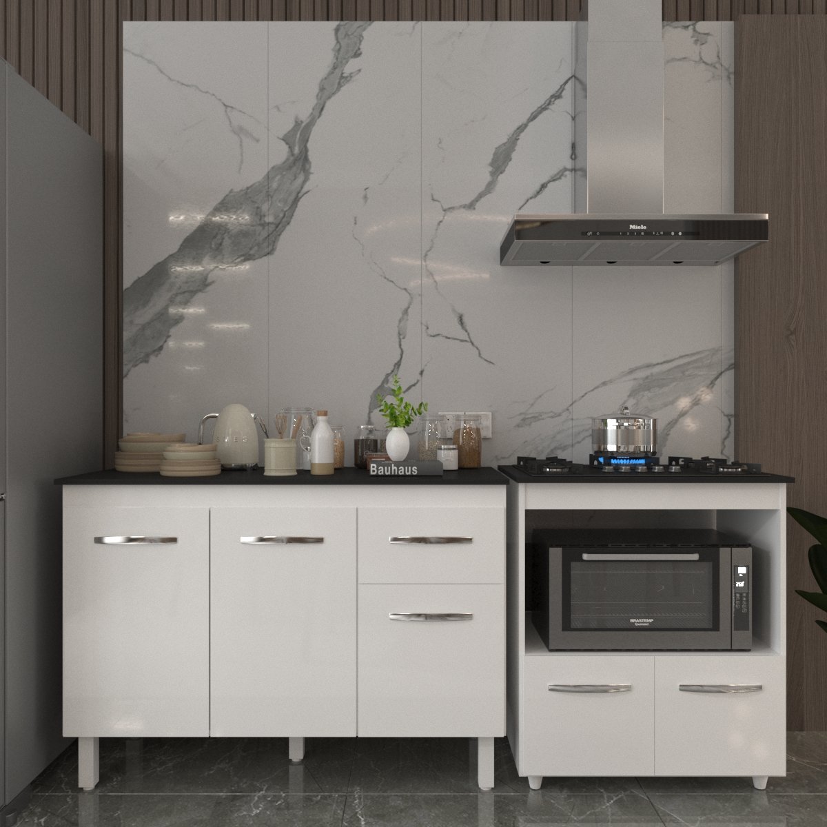 Balcão Armário Gabinete Aline 118 cm Branco com Tampo Preto e Balcão Evelyn para Cooktop 5 Bocas Branco 