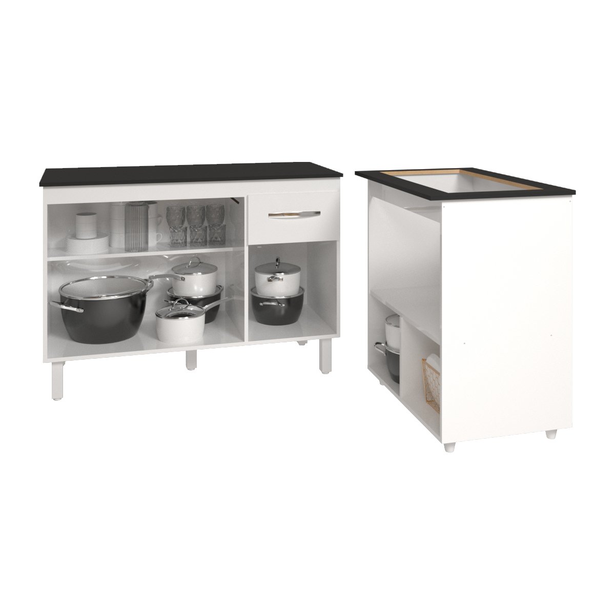 Balcão Armário Gabinete Aline 118 cm Branco com Tampo Preto e Balcão Evelyn para Cooktop 5 Bocas Branco 
