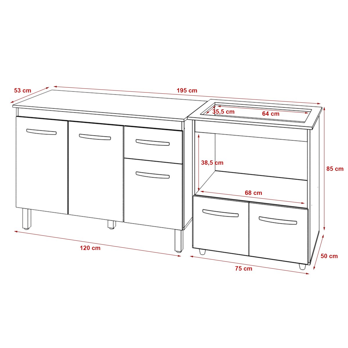 Balcão Armário Gabinete Aline 118 cm Branco com Tampo Preto e Balcão Evelyn para Cooktop 5 Bocas Branco 