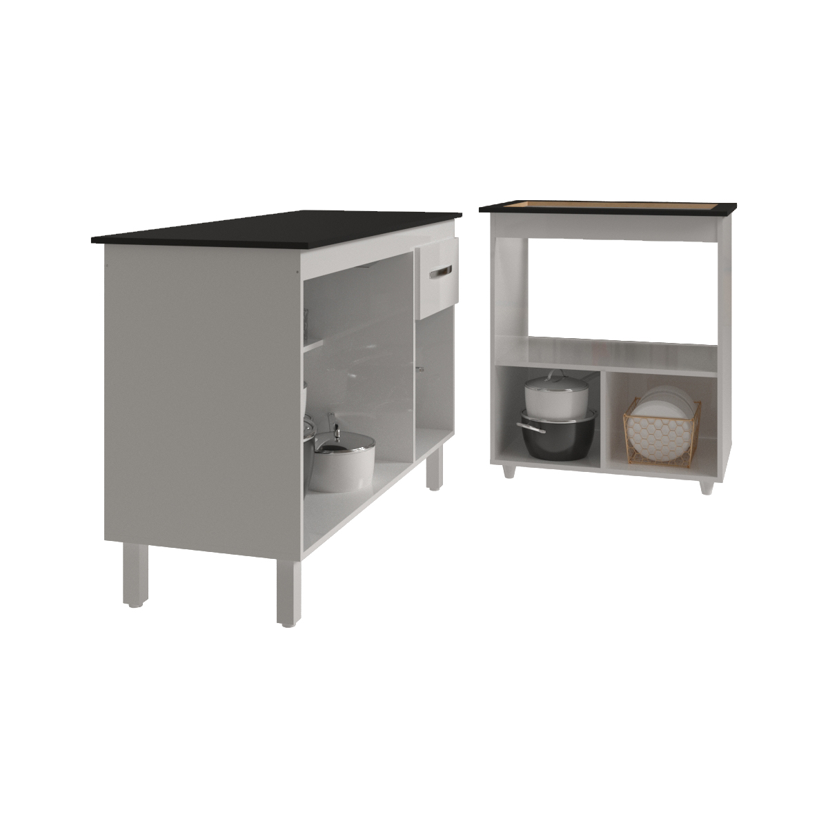 Balcão Armário Gabinete Aline 118 cm Branco com Tampo Preto e Balcão Evelyn para Cooktop 5 Bocas Branco 