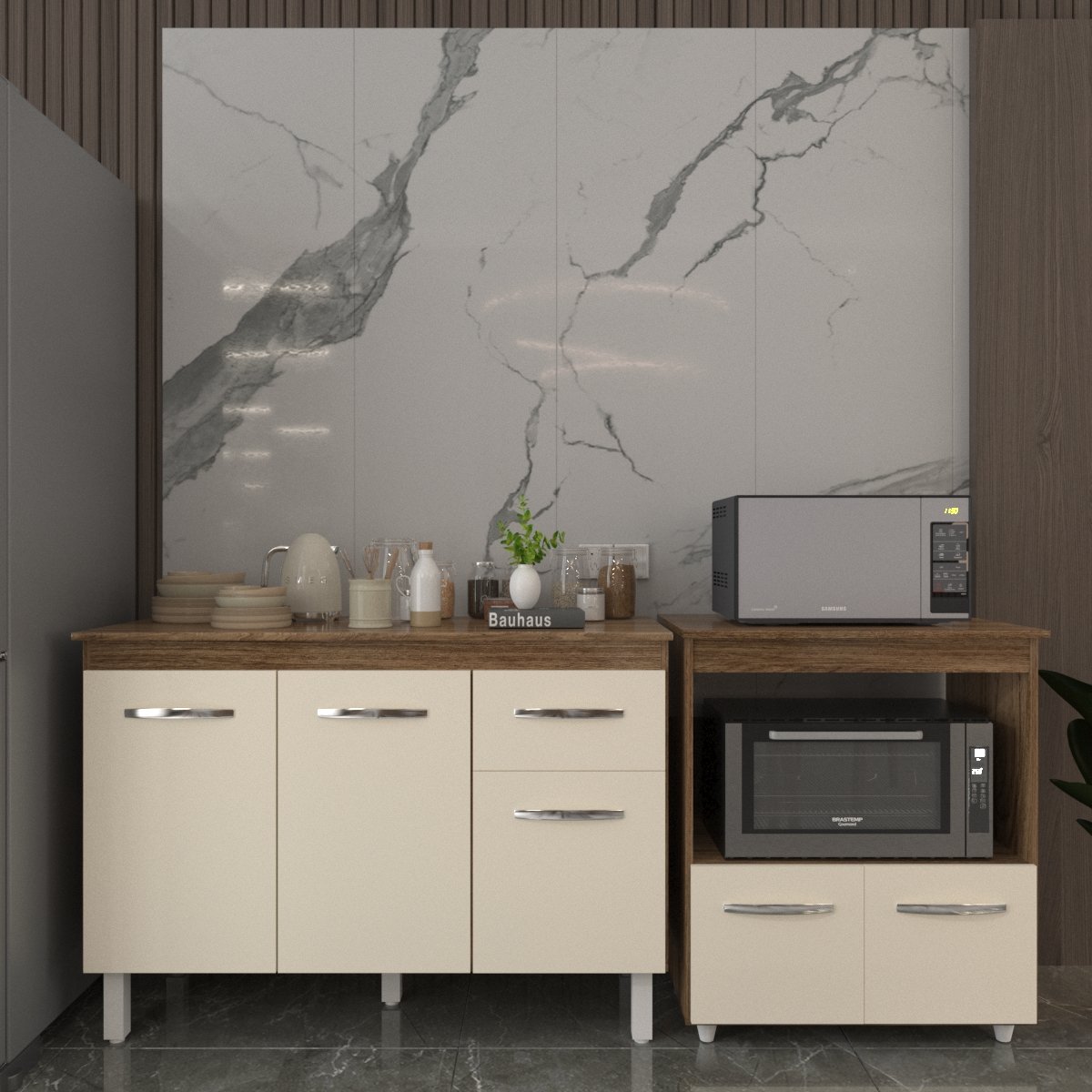 Balcão Armário Gabinete Aline 118 cm Savana Off White com Tampo Savana e Balcão Amanda Forno Microondas Savana Off White 