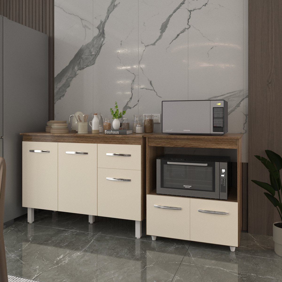 Balcão Armário Gabinete Aline 118 cm Savana Off White com Tampo Savana e Balcão Amanda Forno Microondas Savana Off White 