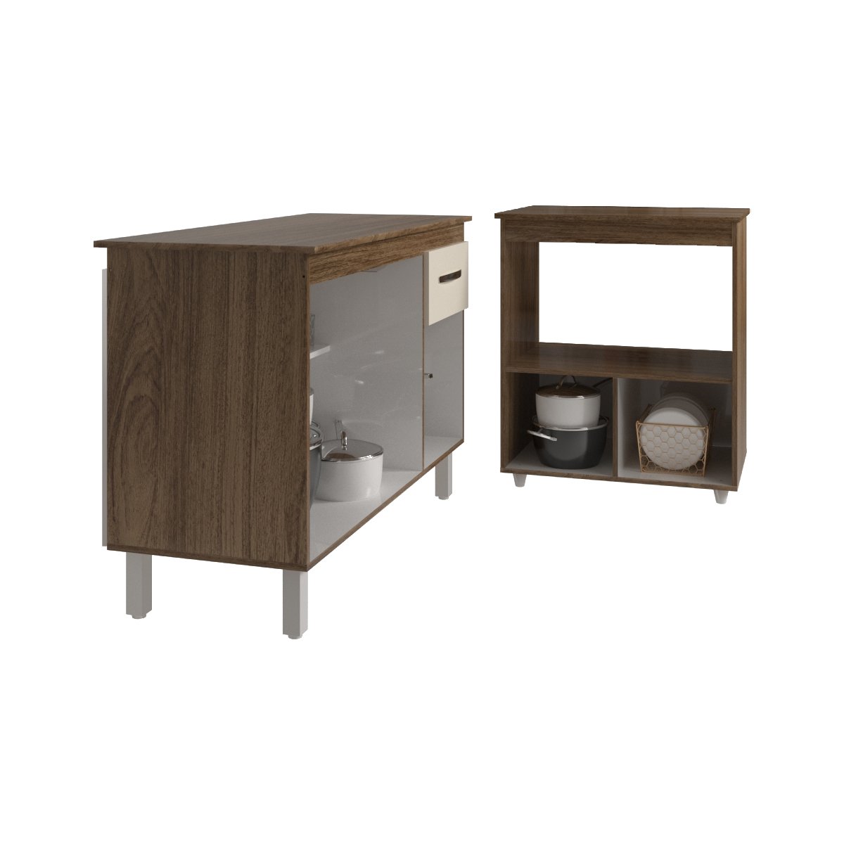 Balcão Armário Gabinete Aline 118 cm Savana Off White com Tampo Savana e Balcão Amanda Forno Microondas Savana Off White 