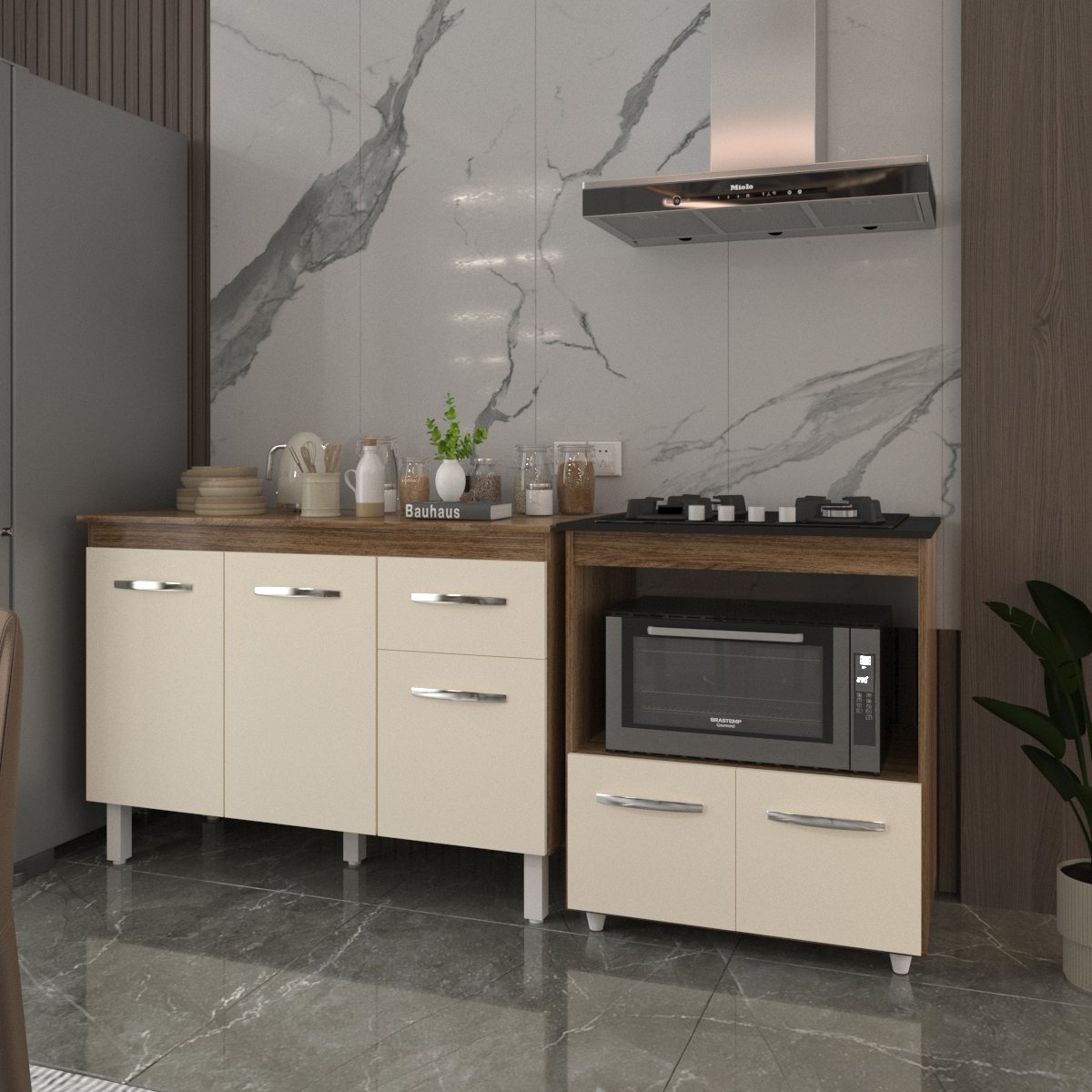 Balcão Armário Gabinete Aline 118 cm Savana Off White com Tampo Savana e Balcão Evelyn Cooktop 4 Bocas Savana Off White 