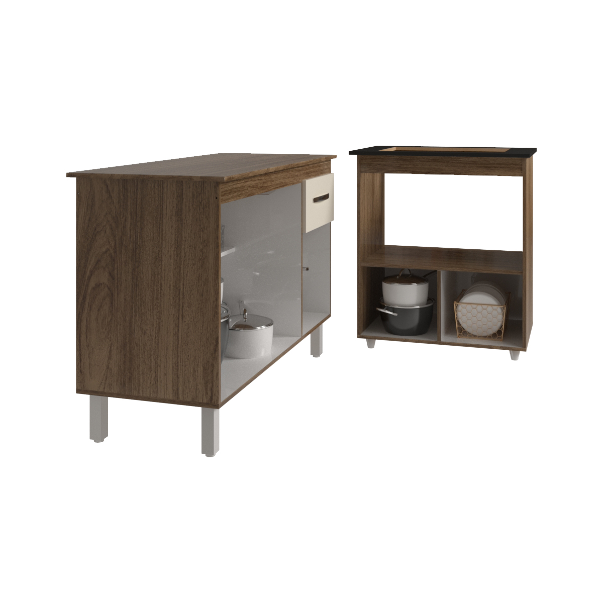 Balcão Armário Gabinete Aline 118 cm Savana Off White com Tampo Savana e Balcão Evelyn Cooktop 4 Bocas Savana Off White 