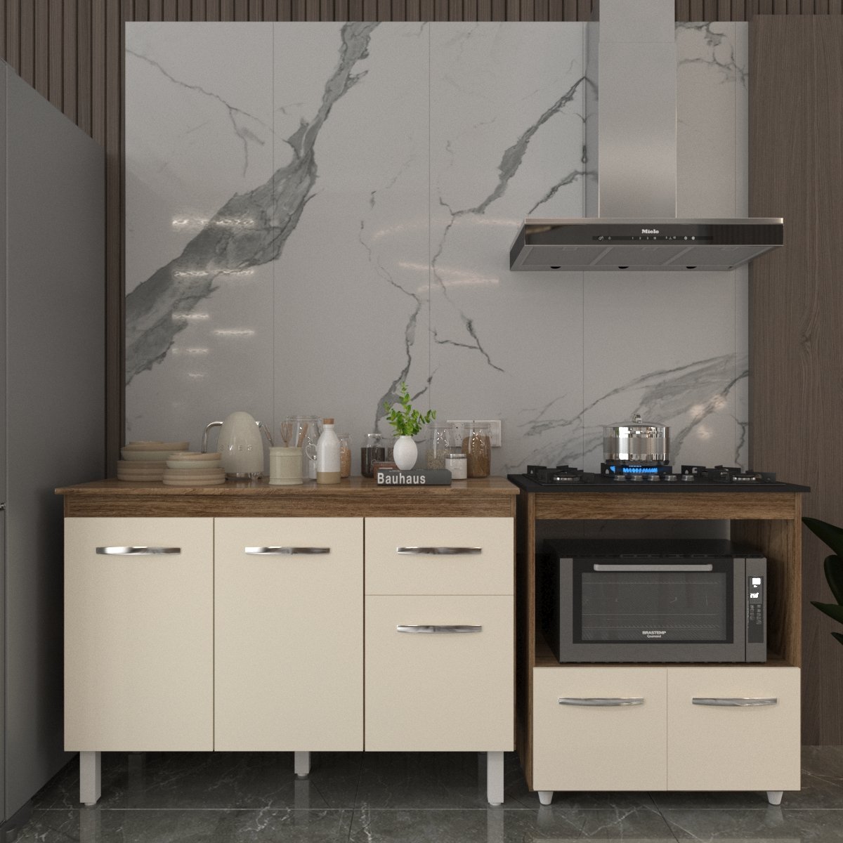 Balcão Armário Gabinete Aline 118 cm Savana Off White com Tampo Savana e Balcão Evelyn Cooktop 5 Bocas Savana Off White 