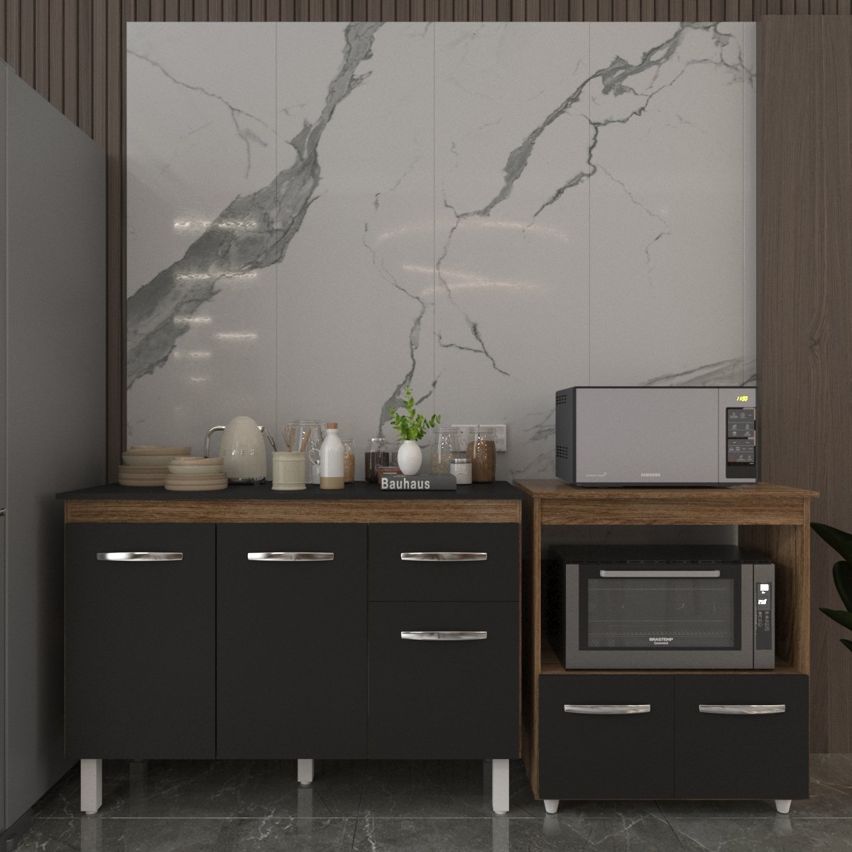 Balcão Armário Gabinete Aline 118 cm Savana Preto com Tampo Preto e Balcão Amanda para Forno e Microondas Savana Preto 