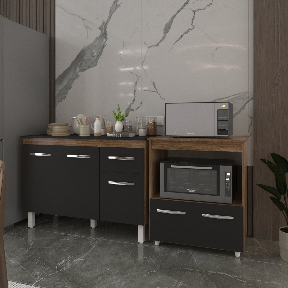 Balcão Armário Gabinete Aline 118 cm Savana Preto com Tampo Preto e Balcão Amanda para Forno e Microondas Savana Preto 