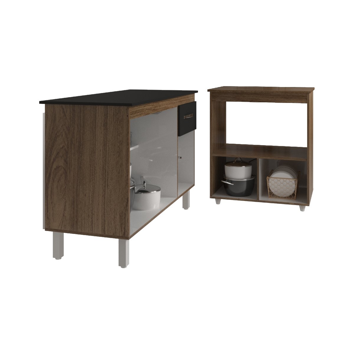 Balcão Armário Gabinete Aline 118 cm Savana Preto com Tampo Preto e Balcão Amanda para Forno e Microondas Savana Preto 