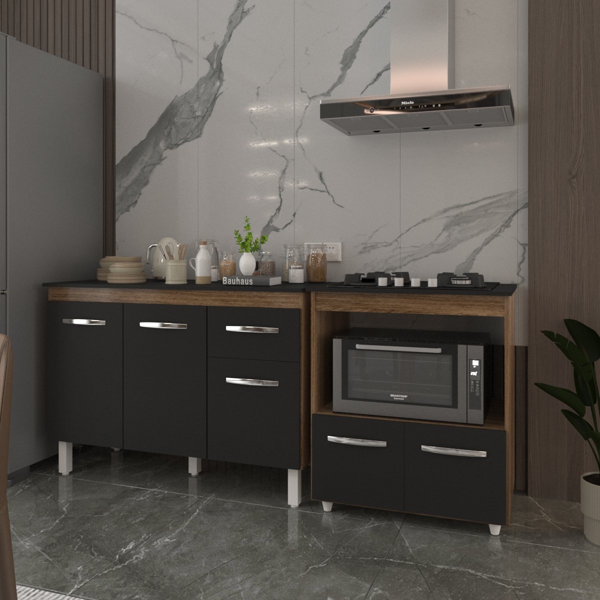 Balcão Armário Gabinete Aline 118 cm Savana Preto com Tampo Preto e Balcão Evelyn para Cooktop 4 Bocas Savana Preto 