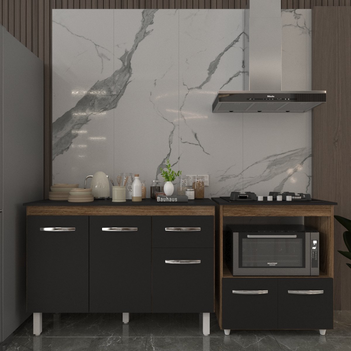 Balcão Armário Gabinete Aline 118 cm Savana Preto com Tampo Preto e Balcão Evelyn para Cooktop 4 Bocas Savana Preto 