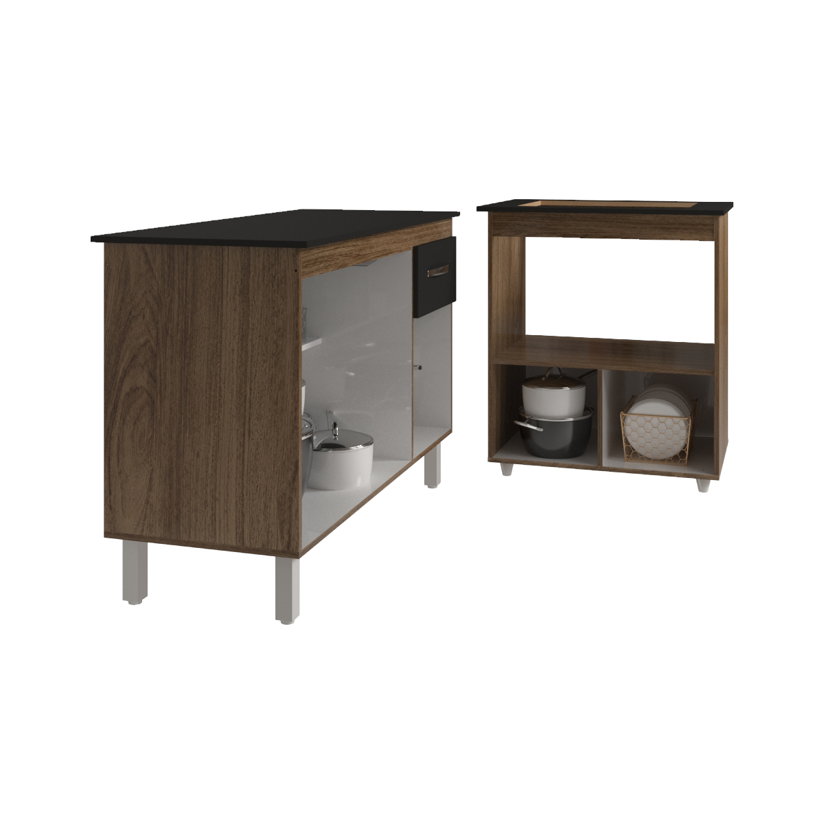 Balcão Armário Gabinete Aline 118 cm Savana Preto com Tampo Preto e Balcão Evelyn para Cooktop 4 Bocas Savana Preto 