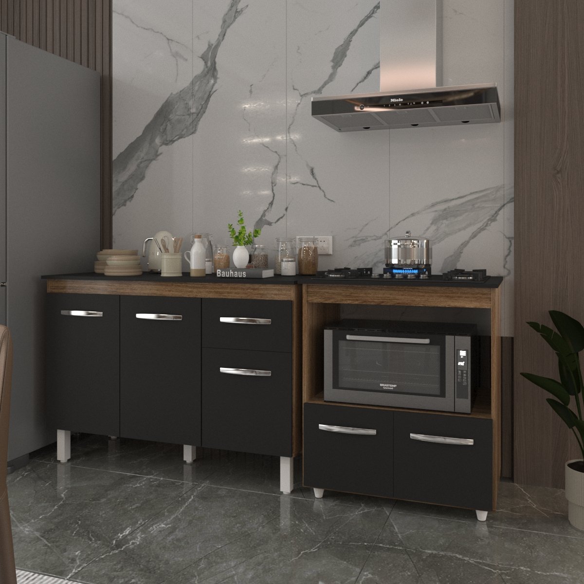 Balcão Armário Gabinete Aline 118 cm Savana Preto com Tampo Preto e Balcão Evelyn para Cooktop 5 Bocas Savana Preto 