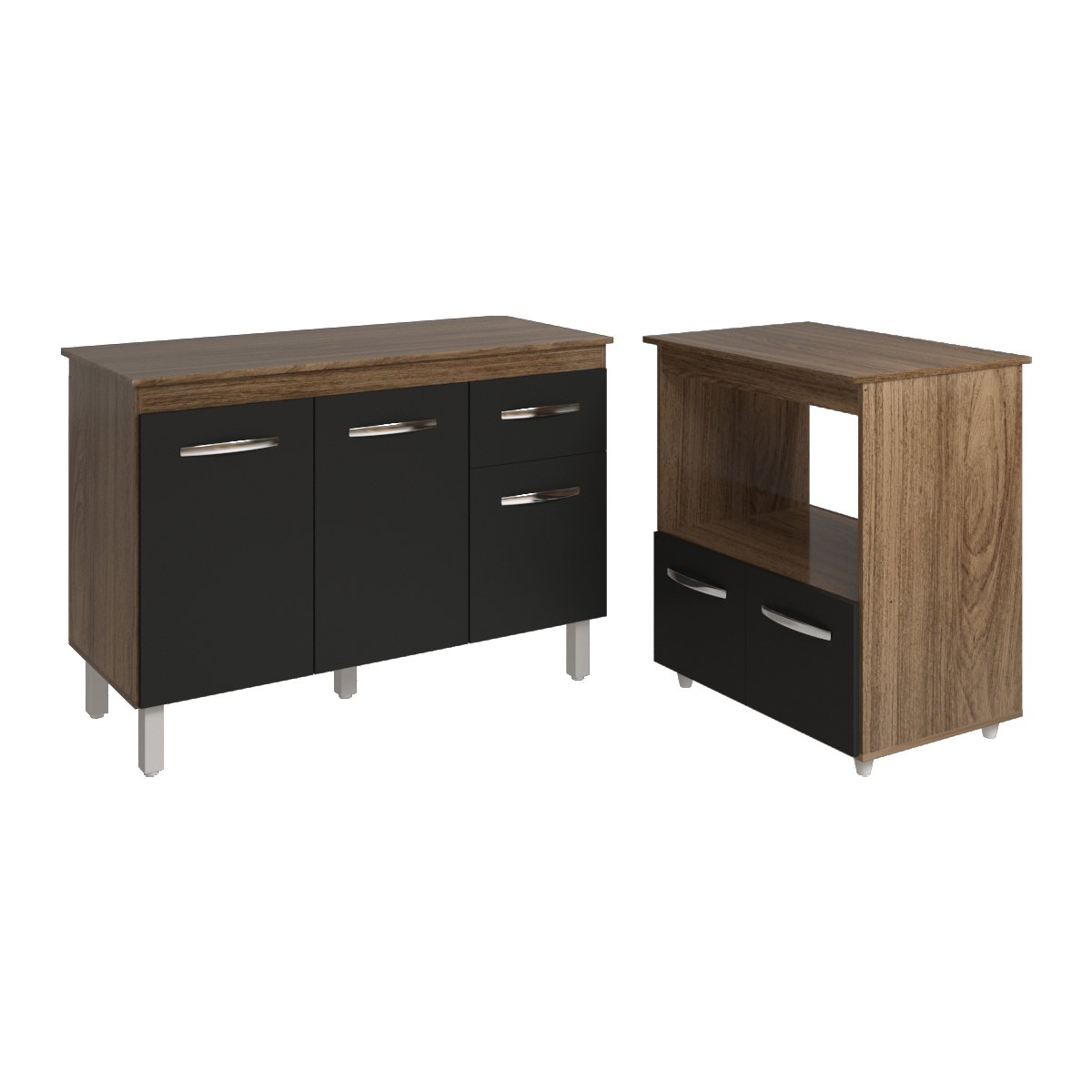 Balcão Armário Gabinete Aline 118 cm Savana Preto com Tampo Savana e Balcão Amanda para Forno e Microondas Savana Preto 