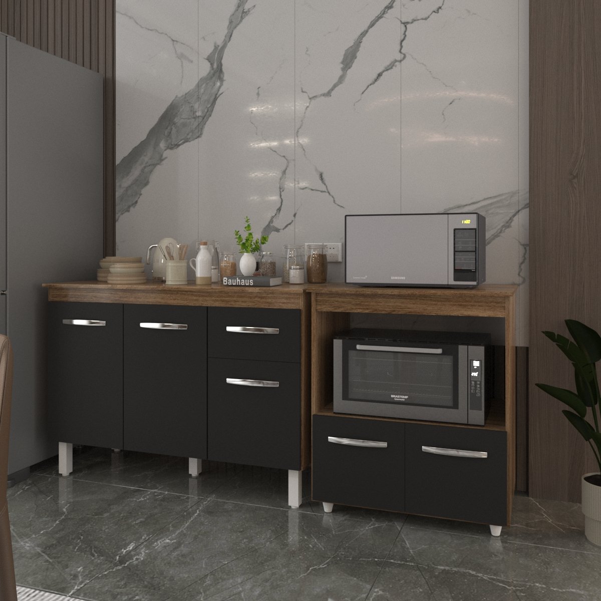 Balcão Armário Gabinete Aline 118 cm Savana Preto com Tampo Savana e Balcão Amanda para Forno e Microondas Savana Preto 