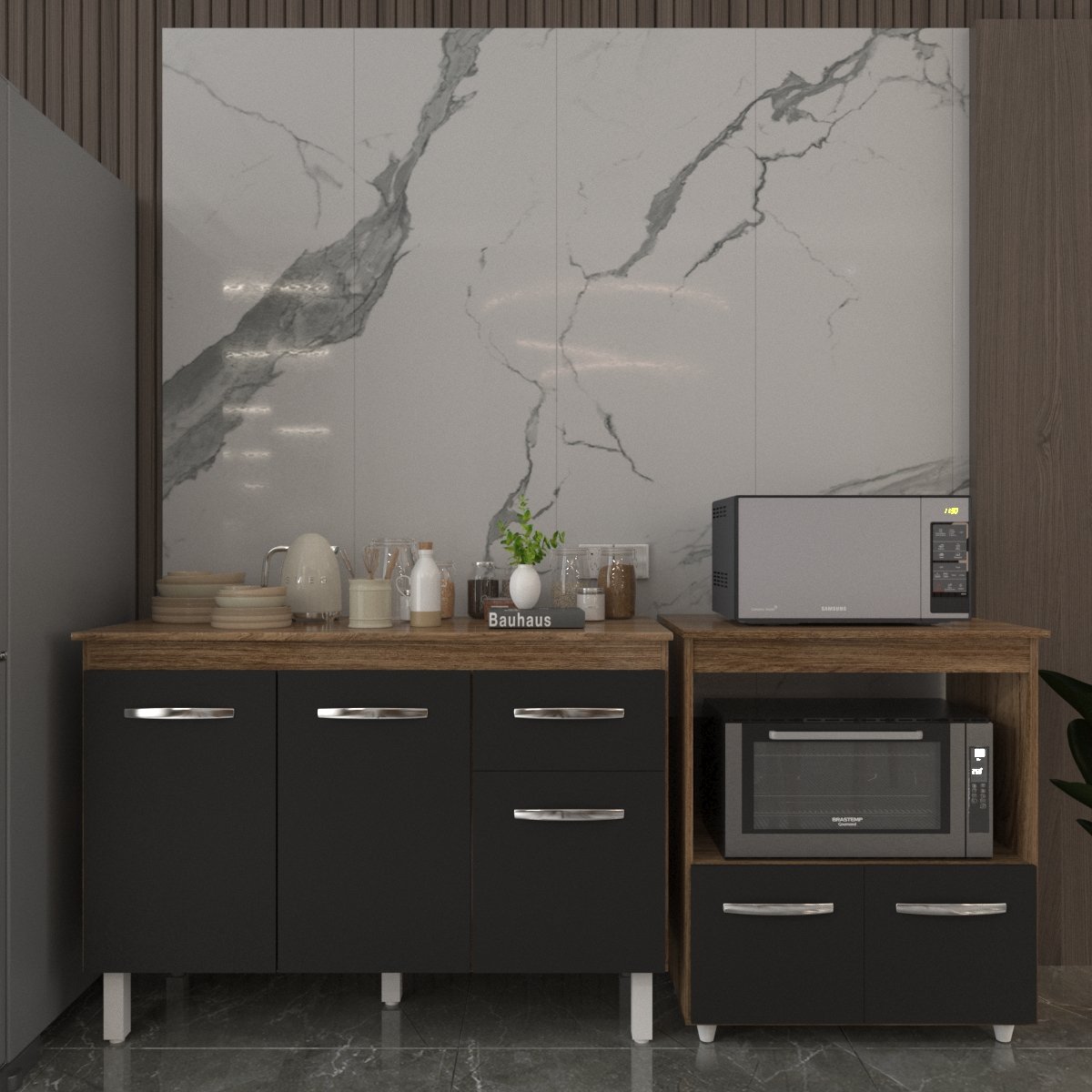 Balcão Armário Gabinete Aline 118 cm Savana Preto com Tampo Savana e Balcão Amanda para Forno e Microondas Savana Preto 