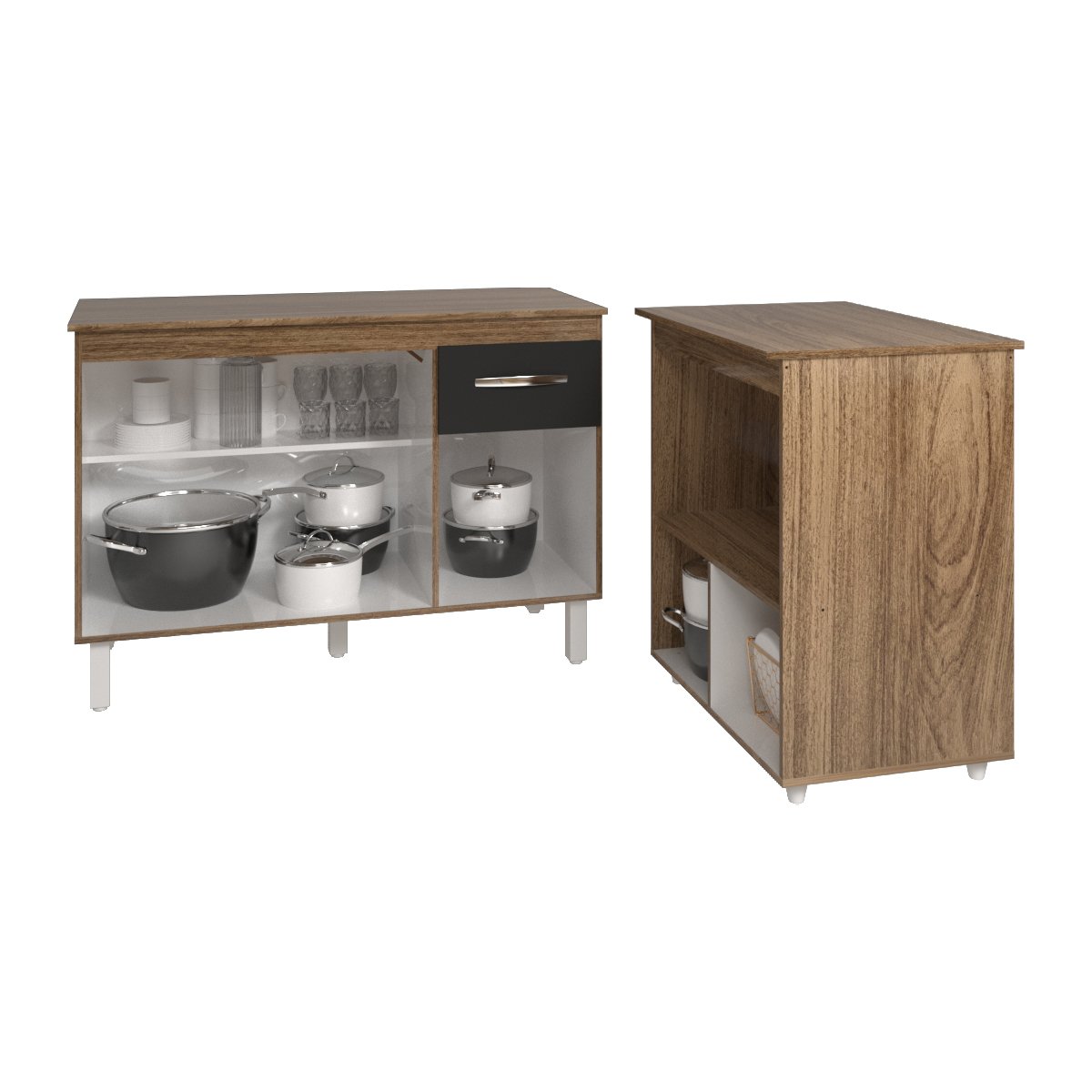 Balcão Armário Gabinete Aline 118 cm Savana Preto com Tampo Savana e Balcão Amanda para Forno e Microondas Savana Preto 