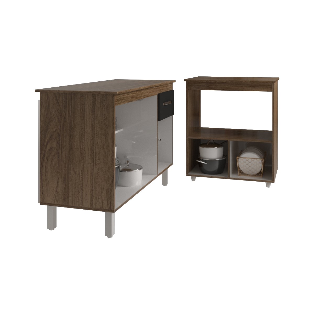 Balcão Armário Gabinete Aline 118 cm Savana Preto com Tampo Savana e Balcão Amanda para Forno e Microondas Savana Preto 