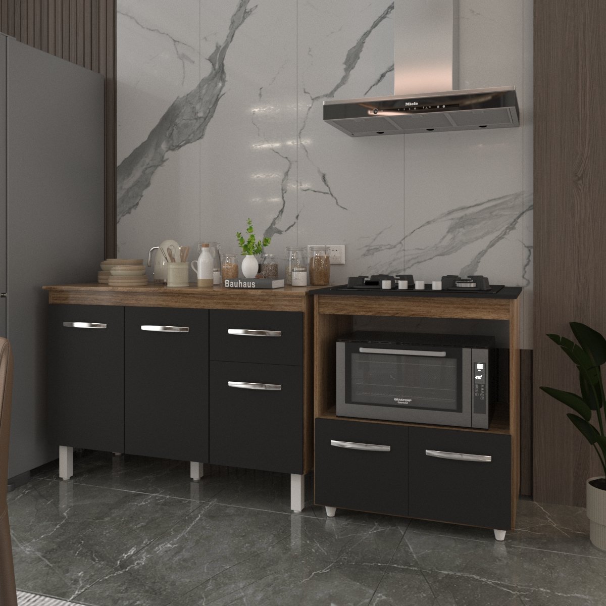 Balcão Armário Gabinete Aline 118 cm Savana Preto com Tampo Savana e Balcão Evelyn para Cooktop 4 Bocas Savana Preto 