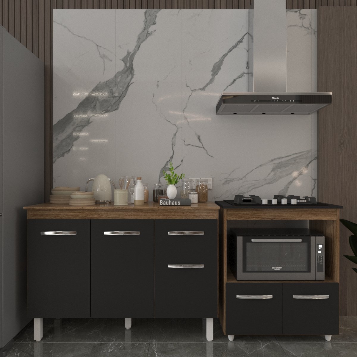Balcão Armário Gabinete Aline 118 cm Savana Preto com Tampo Savana e Balcão Evelyn para Cooktop 4 Bocas Savana Preto 